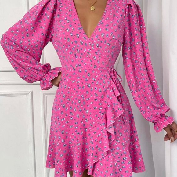 Ditsy mini Floral Flounce Long Sleeve Knot Sided Mini Dress Pink - Picture 2 of 8